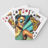 Pop Art Woman in Headphones Dancing Poker Cards