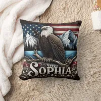 Eagle on Branch With Mountains & Flag Throw Pillow