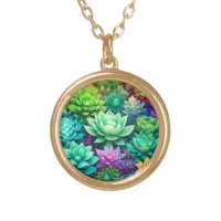 Aloe Vera and Succulents Collage  Gold Plated Necklace