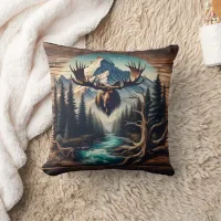 Moose Head Mount Overlooking Mountain Stream Throw Pillow