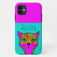 Custom Name Funky Colorful Cat Purple Teal