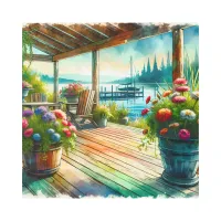 Pretty Lakehouse View Deck and Flowers Metal Print