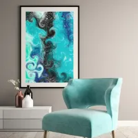 Teal, Blue and Black Fluid Art Marble Swirls   Poster