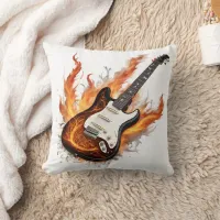 Guitar with flames and notes swirling throw pillow