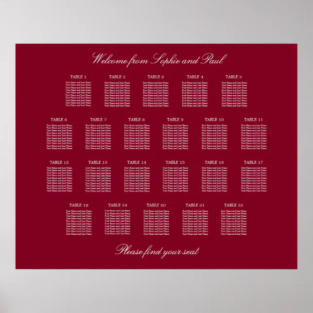 Burgundy 22 Table Wedding Seating Chart Poster