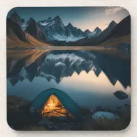 Tent, Mountains and Lake Camping Themed Art Beverage Coaster