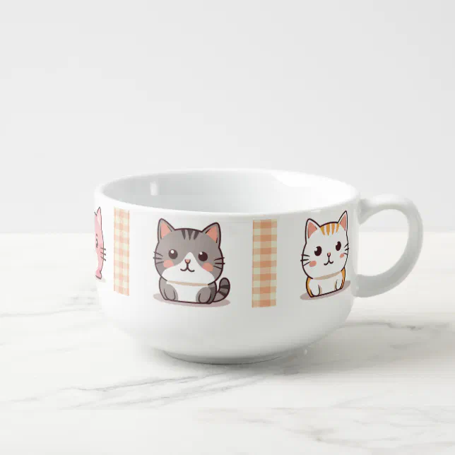 Assorted Kittens Vintage Salmon Gingham Soup Mug