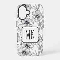 Modern Black and White Floral Monogrammed iPhone 16 Case