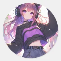 Pretty Anime Girl in Headphones with Cat Ears Classic Round Sticker