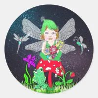 Fairy Elf Girl Sitting on Magical Mushroom Classic Round Sticker