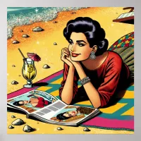 Retro Lady at Beach Daydreaming about Fashion Poster