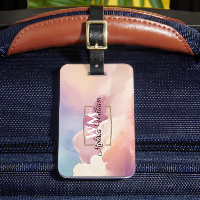 Watercolor Clouds Black White Monogram Name Luggage Tag