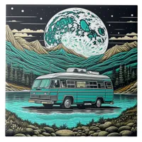 Teal Vintage RV Camper in the Mountains Retro Ceramic Tile