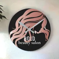 Beauty Salon Business Name Rose Gold Foil + Black Round Clock