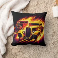 Classic hot rods racing through fiery trails throw pillow