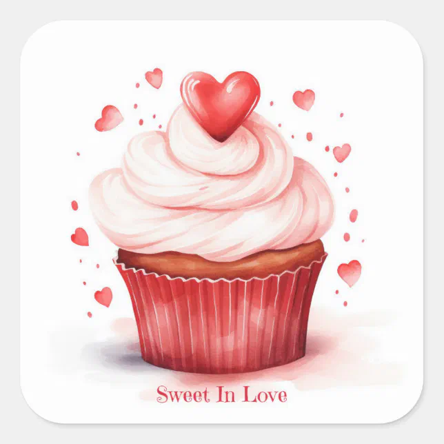 Sweet In Love Hearts Cupcake Valentine's Day Card Square Sticker