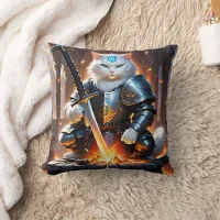 Warrior Cat in Armor Forging a Sword at Dawn Throw Pillow