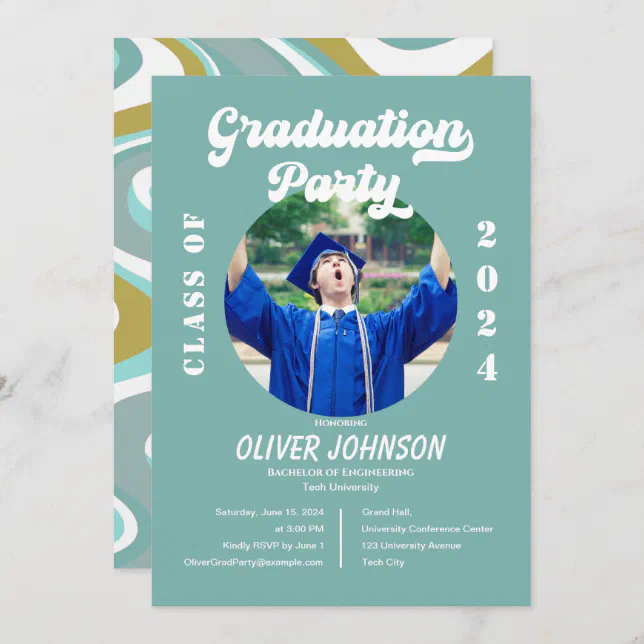 Retro Funky Blue and Gold Graduation Invitation