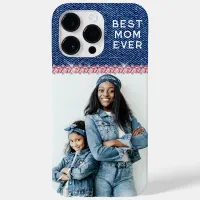 Blue Denim Pink Rhinestone Best Mom Ever Photo Case-Mate iPhone 14 Pro Max Case