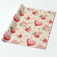 Valentine's Pink and Red Roses and Hearts  Wrapping Paper