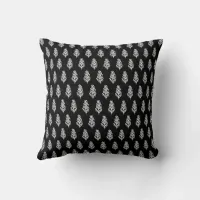 Indian Motif Handblock Print White on Black Throw Pillow