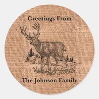 Personalized Rustic Burlap And Deer Illustration Classic Round Sticker