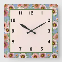 Blue and Pink Daisy Floral Botanical Art Square Wall Clock