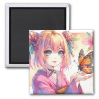 Anime Girl Holding a Butterfly Magnet