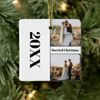 Modern Minimalist Newlywed Married Christmas Photo Ceramic Ornament