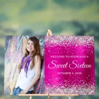 Silver Glitter Hot Pink Foil Sweet Sixteen Big Acrylic Sign