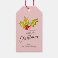 Festive Minimal Holly Pink Fun Whimsical Christmas Gift Tags