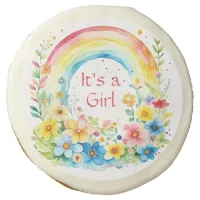 Watercolor Rainbow and Flowers It's a Girl Sugar Cookie