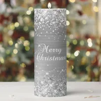 Glittery Silver Foil Merry Christmas Pillar Candle