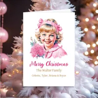 Pretty Vintage Girl | Pink Christmas Personalized  Holiday Card