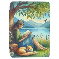 Girl Reading a Book under a Tree with a Sleepy Cat iPad Air Cover