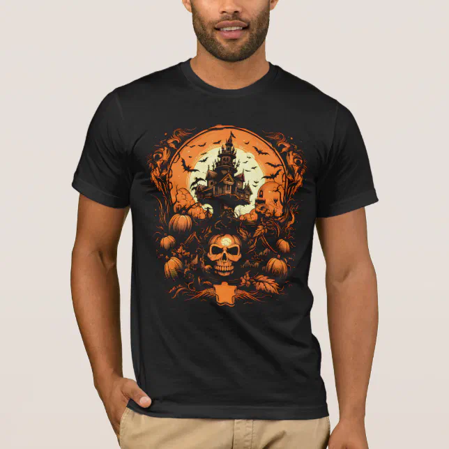 Ghost Castle Skull in Orange | Halloween Black T-Shirt