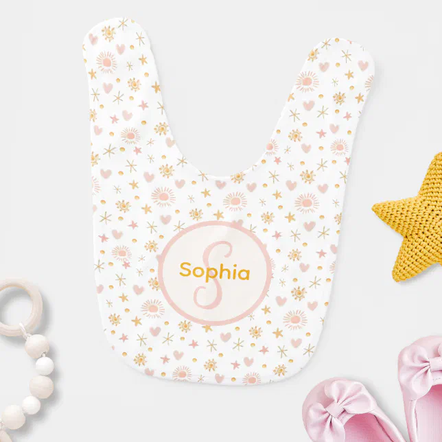 Kids Cute Name Pink Orange Pattern of Suns Hearts  Baby Bib