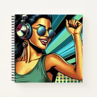 Pop Art Woman in Headphones Dancing Notebook