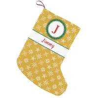 Wreath Monogram Your Name Gold & White Snowflakes Small Christmas Stocking