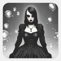 Black and White Creepy Gothic Girl Halloween Square Sticker