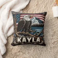 Bald Eagle Perched Near Mountains and Lake Throw Pillow