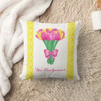 Tulip Bouquet with bow & geometric designed Throw Pillow