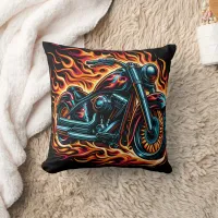 Motorcycle roaring amid vibrant flames at dusk throw pillow