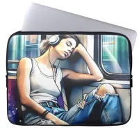 Woman Sleeping on the Subway Listening to Music Laptop Sleeve