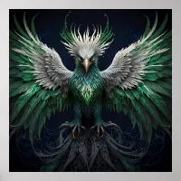 Majestic Green & White Phoenix Bird Poster