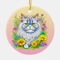 Persian Cat in Flowers Personalized Christmas Ceramic Ornament