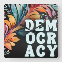 Stylish Retro Groovy Statement Text Democracy Square Wall Clock