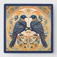 Elegant Art Nouveau Birds Pat#22 Blue Peach ID1078 Square Wall Clock