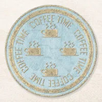 Coffee Time Gold on Pastel Blue Round Paper Coaster