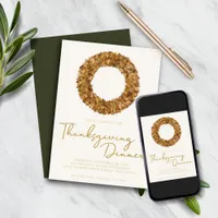 Elegant Rustic Thanksgiving Fall Wreath Gold Foil Invitation